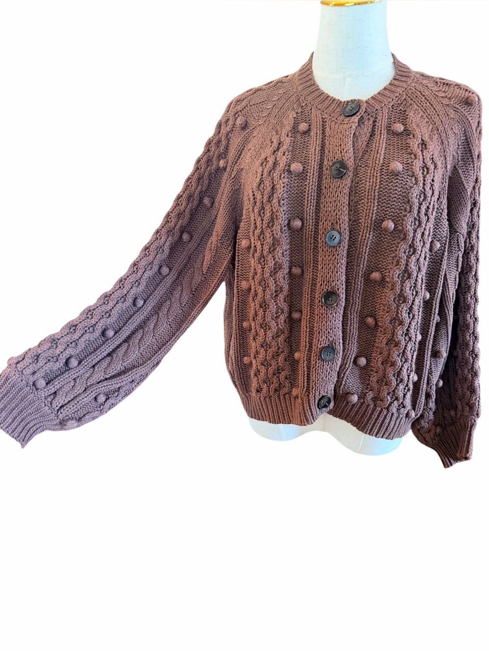 The GREAT Mountainside Cardigan Brown Cable Knit Bobble Sweater Sz 1 S - Picture 8 of 13